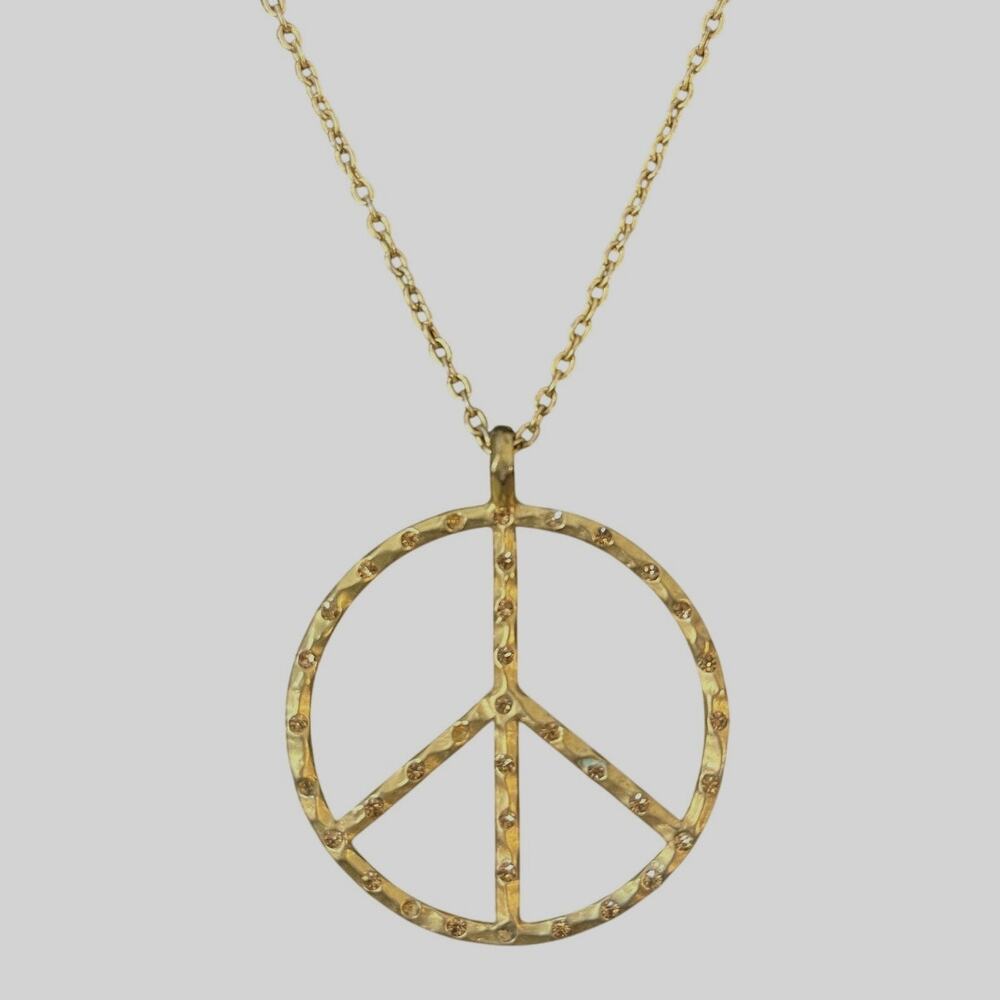 Goldtone Peace Sign Necklace with Gold tone crystalsโ - 14" drop length